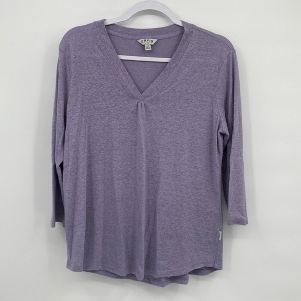 Orvis Womens Linen Blend V-Neck 3/4 Sleeve Pullover Shirt Violet Medium
